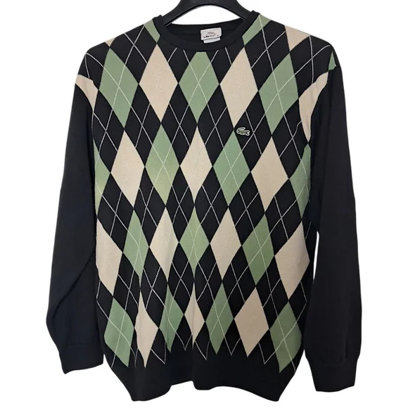 Lacoste Men’s XXL Argyle Crewneck Sweater Black Green Cotton Pullover - Picture 10 of 10